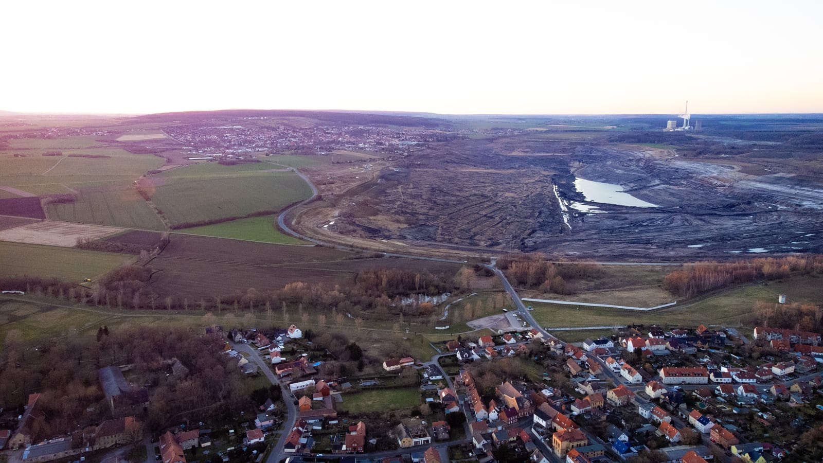 Aerial view of the Hötensleben and the border fortifications, looking westwards